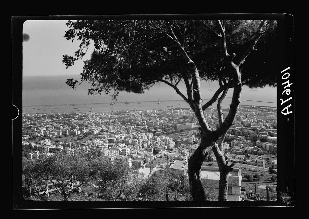 Haifa and its harbour viewed from Mount Carmel before 1948.